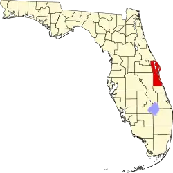 A state map highlighting Brevard County in the southeastern part of the state. It is medium in size and narrow in shape.