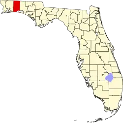 A state map highlighting Okaloosa County in the northwestern part of the state. It is medium in size and shaped like a narrow rectangle.