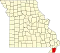 A state map highlighting Pemiscot County in the southeastern corner of the state.