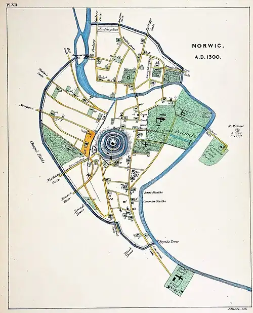 Map of 14th-century Norwich (c. 1300) by Samuel Woodward (1847); St Julian's Church, towards the south of the map, is circled in red, on the west bank of the Yare.