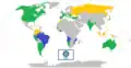 Map of the Community of Portuguese Language Countries; member states (blue), associate observers (green), and officially-interested countries & territories (gold)