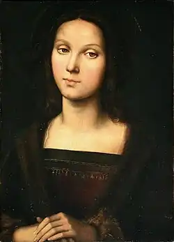 St. Mary Magdlene, wearing an austere yet elegant black dress, of fine material with faint gold embroidery, gives a knowing, wistful look as she clasps her hands. Painted the year Raphael met Leonardo da Vinci, and perhaps shows his influence.