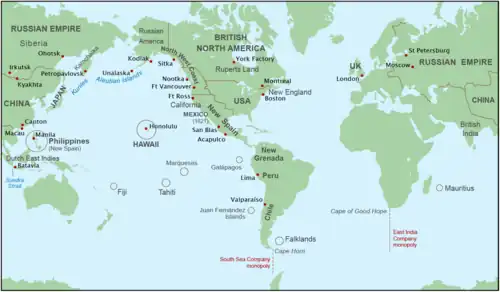 World map showing the global context of the maritime fur trade (circa 1790–1840), linking the Northwest Coast of North America with trade routes and ports in Russia, China, Hawaii, the Americas, and Europe.