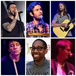 Lineup of Maroon 5 since 2020. Clockwise from top left: Adam Levine, Jesse Carmichael, James Valentine, Matt Flynn, PJ Morton, Sam Farrar