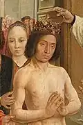 St. Clotilde, wearing a tiara and veil, eyes downcast, looks on, as King Clovis, wearing a jeweled crown, is baptized