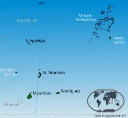 Islands of Mauritius labelled in black. * Tromelin Island (part of the French Southern and Antarctic Lands, claimed by Mauritius). * The Chagos Archipelago (part of the British Indian Ocean Territory, claimed by Mauritius).[2]