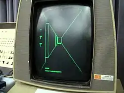 Computer monitor showing a green vector view of a maze