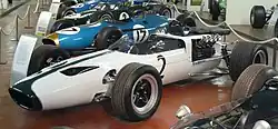White-and-green McLaren M2B on display