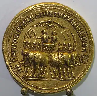Medallion of the co-augusti Diocletian and Maximian (r. 285–305) riding in a quadriga drawn by elephants and crowned by Victory