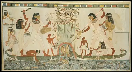 A painting of two boats on a river, with ancient Egyptian men and women standing on the boats, catching fish from the river.
