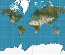 Mercator projection (showing between 82°S and 82°N)