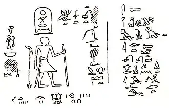 Drawing of a rock inscription showing a man standing and facing hieroglyphs[182]