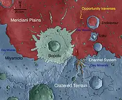 This map, color-coded for minerals (CRISM) and annotated, shows the rover's traverse up to about 2010 with some nearby features noted.