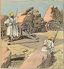 Malagasy soldiers wearing traditional white togas stand watch beside several large cannons