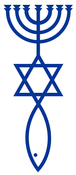 A blue symbol on a white background. At the top is Menorah, connected to the Star of David at its base, which itself is connected to an Ichthys fish pointed down below it.