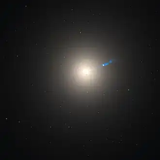 Visual wavelength image of Messier 87 with bright core, jet and globular clusters