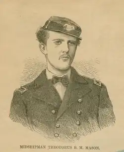 A black and white drawing of the shoulders and head of young man wearing the uniform of a midshipman in the United States Navy c. 1868.