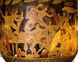 Stylised drawing taken from a Greek vase, of numerous naked or near-naked figures, some bearing weapons, some being attacked. In the lower right corner a figure carries a large shield; above him an elderly man looks on.