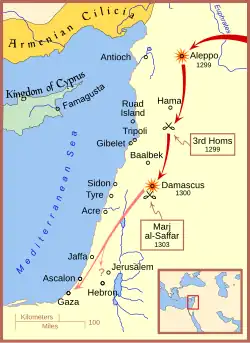 Map of the eastern coast of the Mediterranean, showing Cilicia to the north, part of the island of Cyprus, and various cities south of the Euphrates river. Red arrows show the direction of Mongol troop movements and raids, reaching as far south as Gaza