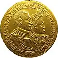 Gold coin featuring King Sigismund and Queen Anne, 1598