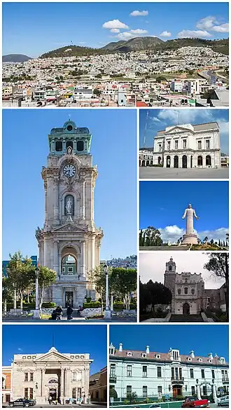 Left:Panorama view of Pachuca, including Lobo Hills, Los Chavez, from Cubitos Ecological Park, Pachuca Monument Clock Tower, Pachuca Bancomer heritage building, Right:Medina Hidalgo Bartolomé Teather (Teatro Hidalgo Bartolomé de Medina), Christ King of Pachuca (Cristo Ray de Pachuca), Pachuca Saint Francis of Assisi Monastery, Pachuca Municipal Palace (Palacio Municipal de Pachuca)