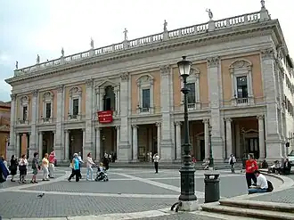 A vasiform balustrade crowns Michelangelo's Palazzo dei Conservatori on the Campidoglio, Rome