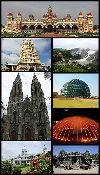Clockwise from top: Mysore Palace, Shivanasamudra Falls, Infosys Multiplex, Brindavan Gardens at Mandya, Chennakeshava Temple, Lalitha Mahal, St. Philomena's Cathedral and Chamundeshwari Temple.