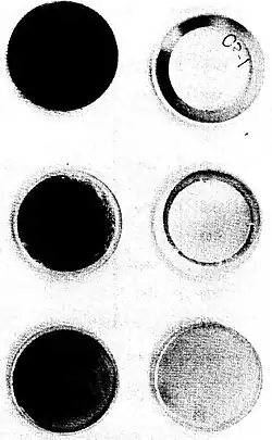 Post-flight appearance of Os, Ag, and Au mirrors from the front (left images) and rear panels of the Space Shuttle. Blackening reveals oxidation due to irradiation by oxygen atoms.[67][68]