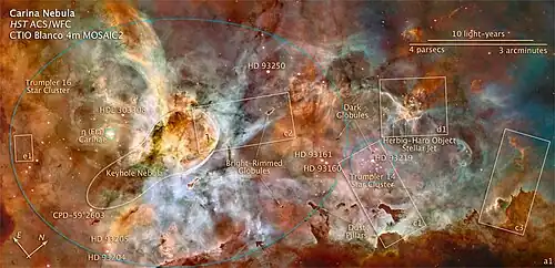 A 50 light-year wide nebula containing star clusters, dust pillars, Herbig-Haro object stellar jets, bright rimmed globules and the Keyhole Nebula
