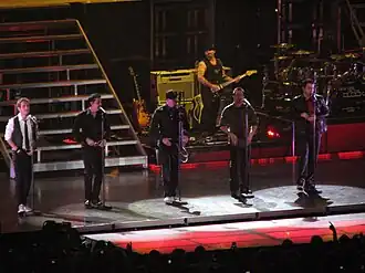 NKOTB during a 2008 concert, from left to right: Joey McIntyre, Jonathan Knight, Donnie Wahlberg, Danny Wood, Jordan Knight
