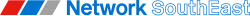 Network SouthEast with the "Network" filled in but the "SouthEast" only an outline with a white background. To the left is the logo made of three coloured parallelograms