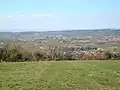 lots of house roofs, with trees and grass in the foreground and hills in the distance.