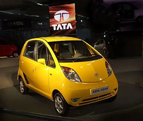 Shown here is the Tata Nano, the world's least expensive car.[190] The Tata Nano was manufactured in Sanand, Gujarat.
