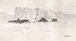 Drawing of a small triangular tent, centre, with on the left a man with sledges and dogs and on the right the seated figure of another man. These images are in front of a high bank of raised ice.