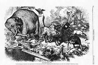 An 1874 cartoon by Thomas Nast, featuring the first notable appearance of the Republican elephant[72]