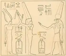 Drawing of a petroglyph in Konosso with the goddess Satis, the ithyphallic god Min, Montu and the cartouche of King Neferhotep I (c. 1747–1736 BC).