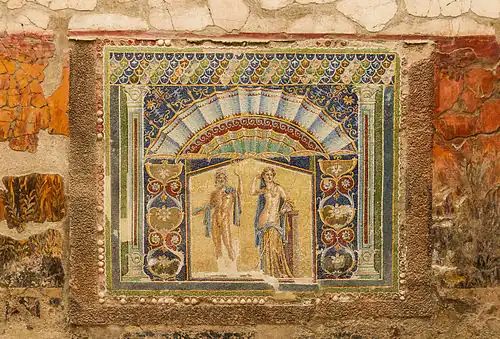 Roman mosaic of Neptune and Amphitrite, c. 70 BC, mosaic, Casa di Nettuno e Anfitrite, Herculaneum Archaeological Park, Ercolano, Italy[17]