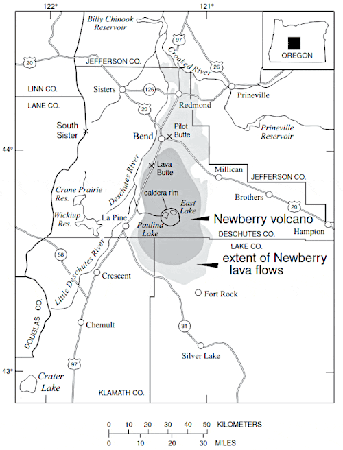 A map shows the extent of lava flows emanating from Newberry Volcano under the extent of the volcanic center itself