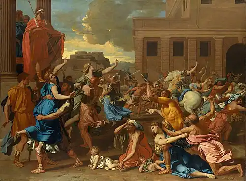 The Rape of the Sabine Women; by Nicolas Poussin; 1634–1635; oil on canvas; 1.55 × 2.1&nbsp;m; Metropolitan Museum of Art, New York City[107]