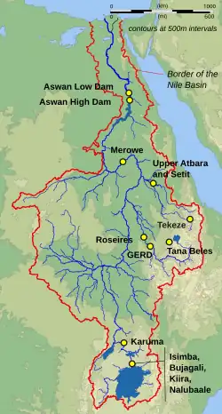 A map of northeast Africa. The Nile is shown as a blue line. Along the Nile, locations of about ten hydropower stations are indicated.