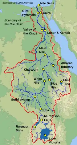 A map of northeast Africa, showing the location of several cities and tourist sights on the river