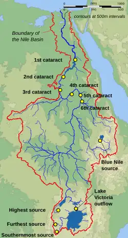 A map of northeast Africa. The Nile is visible as a meandering blue line, running vertically. The river starts at the bottom in green forested area, and goes upward then ends in a blue sea at the top.