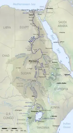 A map of northeast Africa; the Nile River is a wiggly line running from a large lake at the bottom, to the Mediterranean Sea at the top.