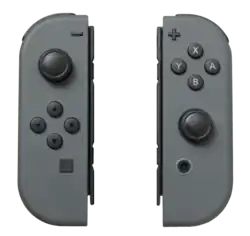 The gray Joy-Con (L) and Joy-Con (R) controllers. The inside rails slot onto the side of the main Switch console or grip controller.