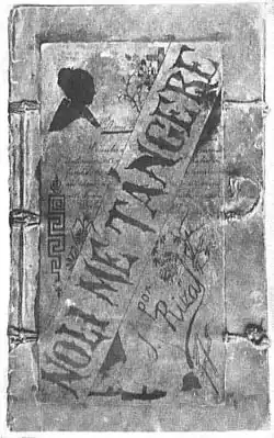 The original front cover of Noli Me Tángere, inside text is written in Spanish, "NOLI ME TÁNGERE, by J. Rizal"