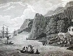 Engraving showing the launch of the schooner North West America at Nootka Sound in 1788, with European vessels offshore, boats of Indigenous observers in the harbor, and activity along the shoreline.