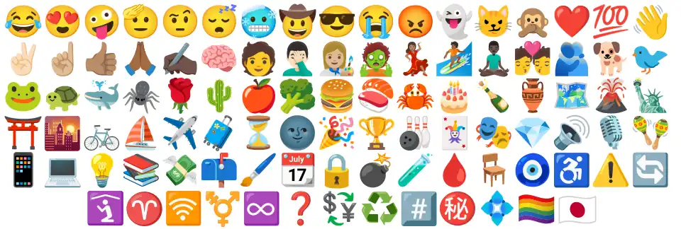 A variety of emoji as they appear on Google's Noto Color Emoji set, as of 2024.
