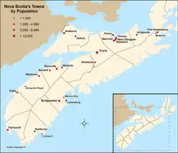 Map showing locations of Nova Scotia's towns