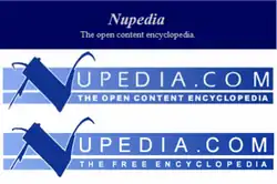 Top: The first Nupedia logo, consisting of "Nupedia / The open content encyclopedia." on a plain navy blue background. Middle: The second Nupedia logo; it reads "NUPEDIA.COM / THE OPEN CONTENT ENCYCLOPEDIA", and is significantly more stylized than the first logo. Bottom: The third Nupedia logo; it now reads "NUPEDIA.COM / THE FREE ENCYCLOPEDIA", differs slightly in typography and layout from the second logo, and is higher resolution.