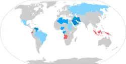 Founding (dark blue) and current (medium blue) members of OPEC, members of OPEC+ (light blue), and former OPEC members (red)